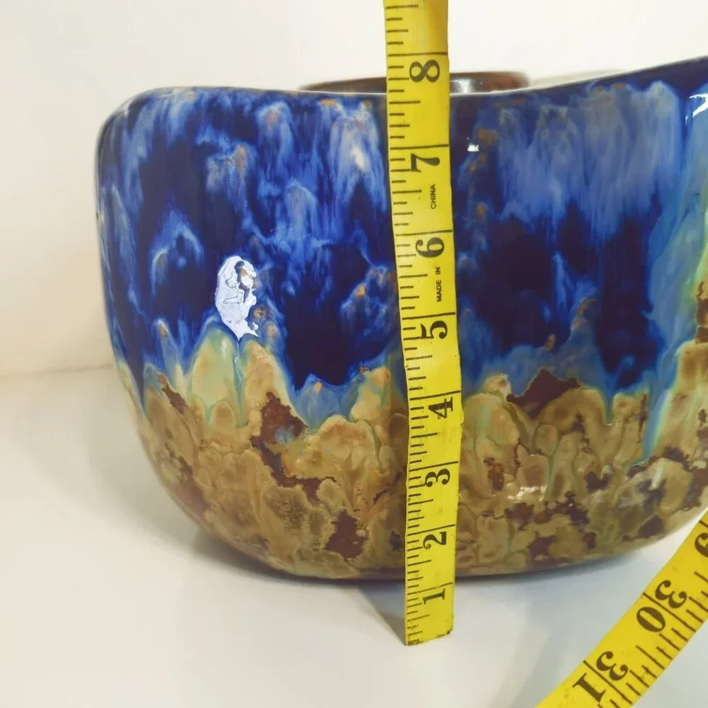Japanese Studio Pottery Jardinière Square Planter With Abstract Glaze Blue Brown